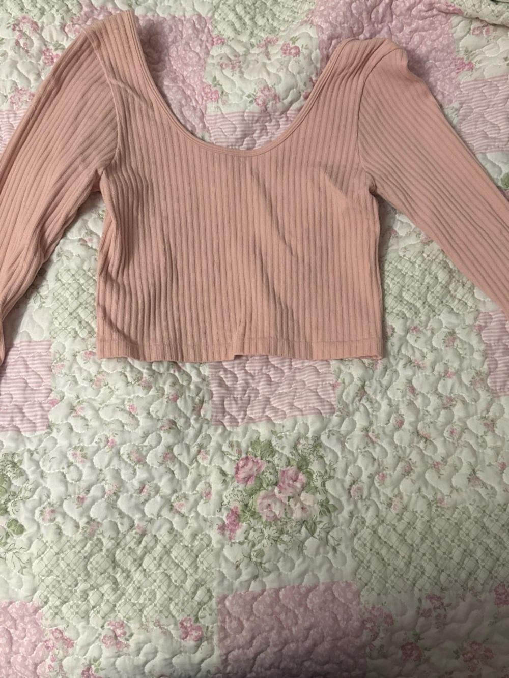 Ribbed Long-Sleeve Scoop Neck Crop Top - Blush Pink size: S
